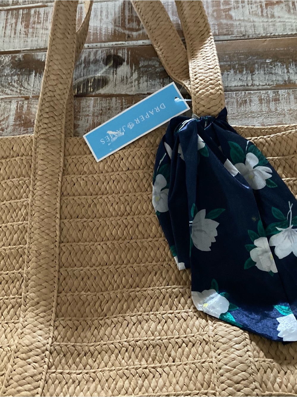 Draper James Tan Straw Tote with Navy Floral Scarf